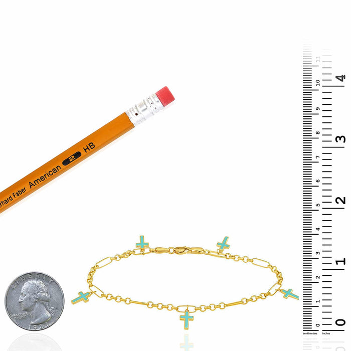 14K Yellow Gold Figaro Rolo Turquoise Enamel Cross Station Bracelet (Hollow) 7.5" - WJD Exclusives