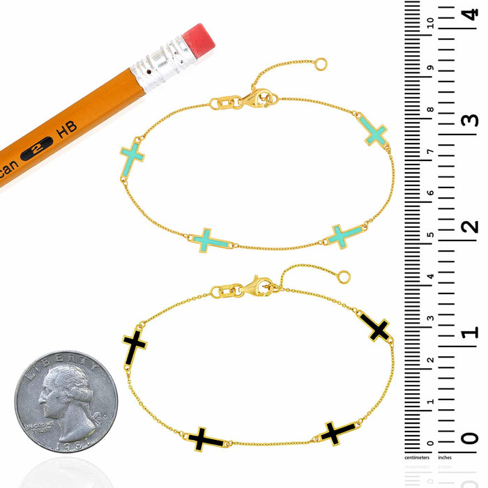 14K Yellow Gold Turquoise Black Enamel Cross Station Bracelet (Solid Links) 7" - 7.5" Adjustable - WJD Exclusives