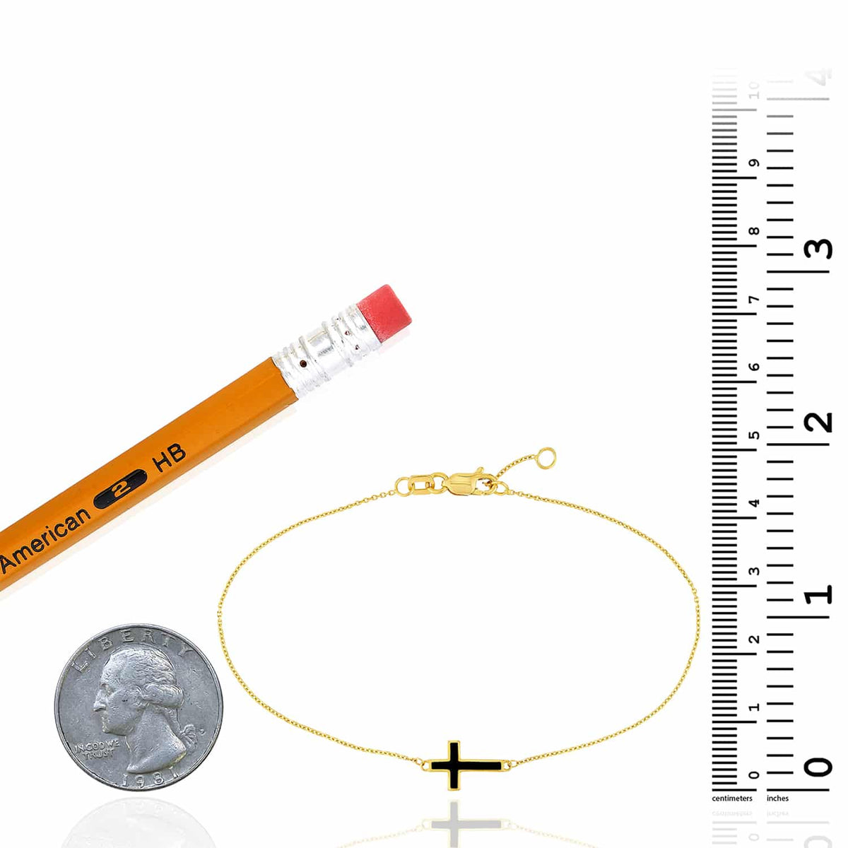 14K Yellow Gold Cable Sideways Cross Bracelet (Solid Links) 7" - 7.5" Adjustable - WJD Exclusives
