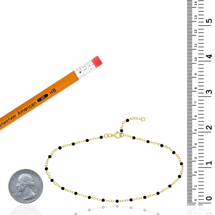 14K Yellow Gold Black Beaded Anklet (Solid Links) 9" - 10" Adjustable - WJD Exclusives