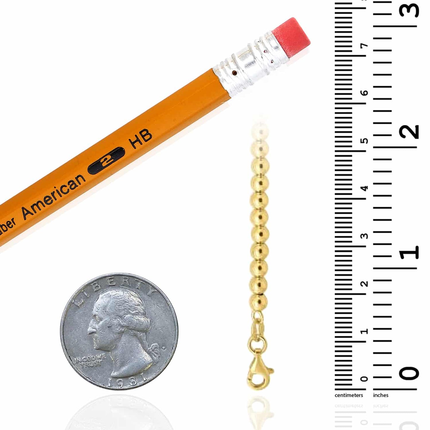 Solid 14K Real Gold 4mm Beaded Chain Necklace 16"-18" Adjustable
