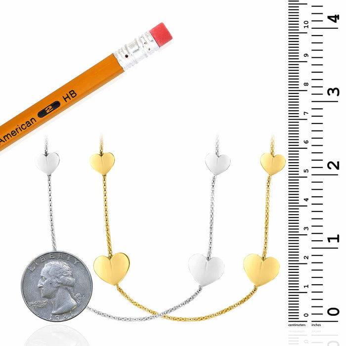 White Gold Over Sterling Silver Heart Lariat Station Charms Necklace (Solid Links) 16" - 18" Adjustable - WJD Exclusives