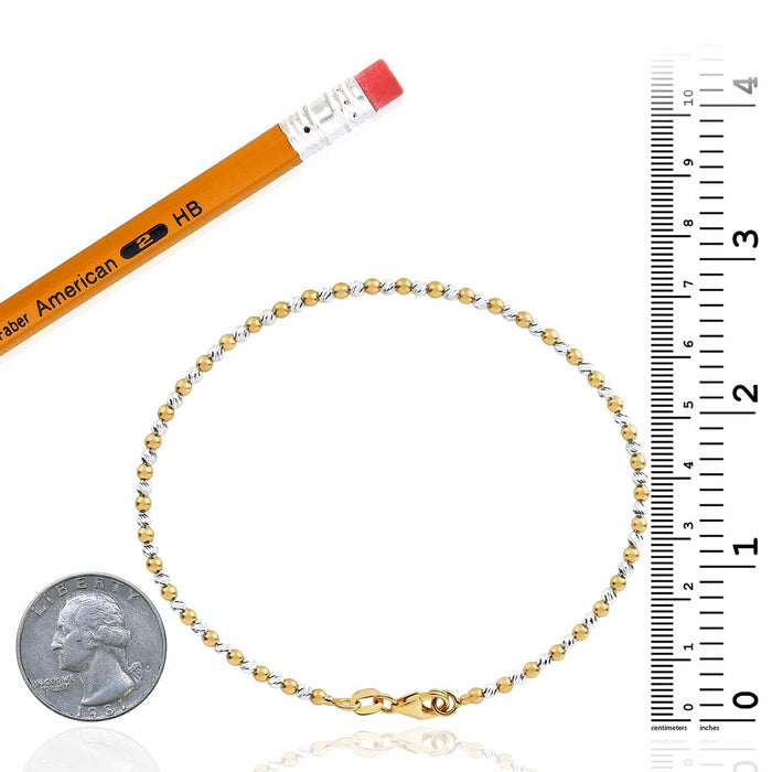 14K Yellow White Gold Two - Tone Bead Ball Bracelet (Solid Links) 7" - WJD Exclusives