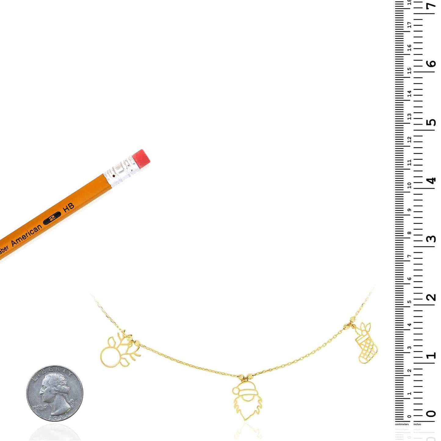 14K Real Gold Holiday Festive Pendant Charms Necklace 14"-18" Adjustable