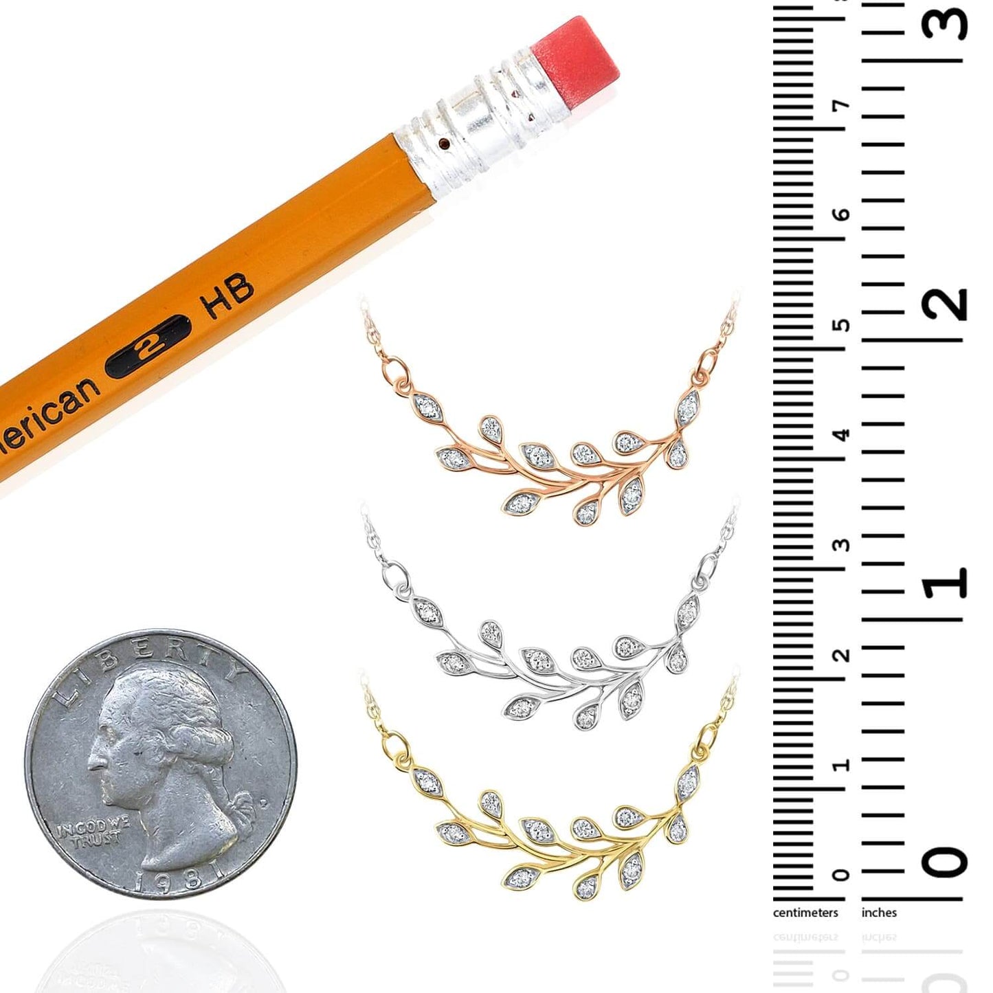 Real Diamond 10K Gold Yellow White Rose Leaf Branch Pendant Necklace 18"