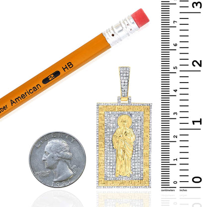 1.50CTW Real Diamond 10K Yellow Gold Textured St. Jude Frame Pendant 2.1"