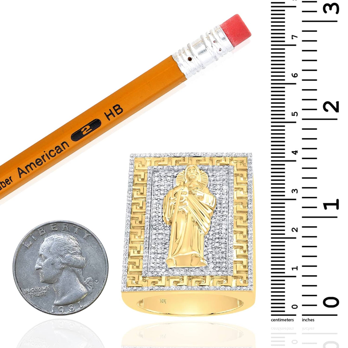1.62CTW Real Diamond 10K Yellow Gold St. Jude Diamond Signet Ring