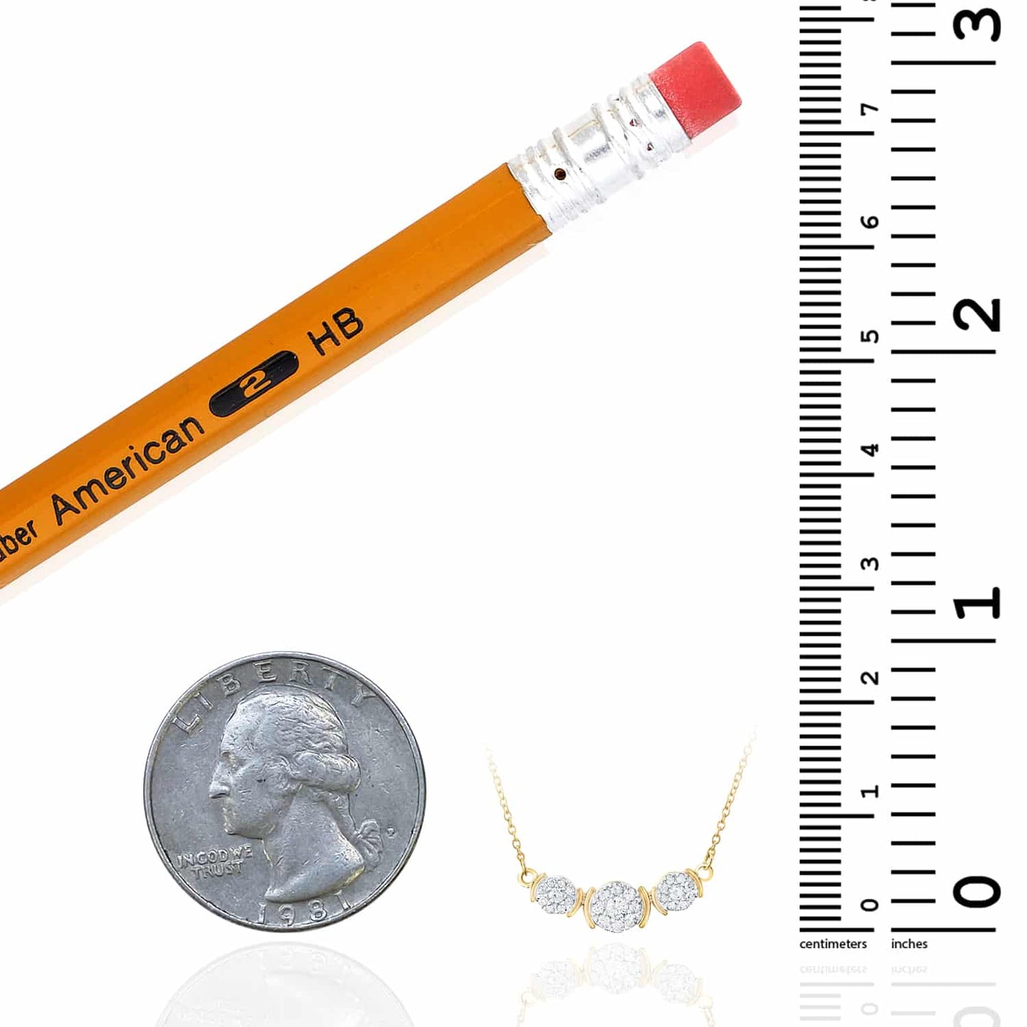 Real Diamond 10K Yellow Gold Triple Diamond Cluster Pendant Necklace 17.5"