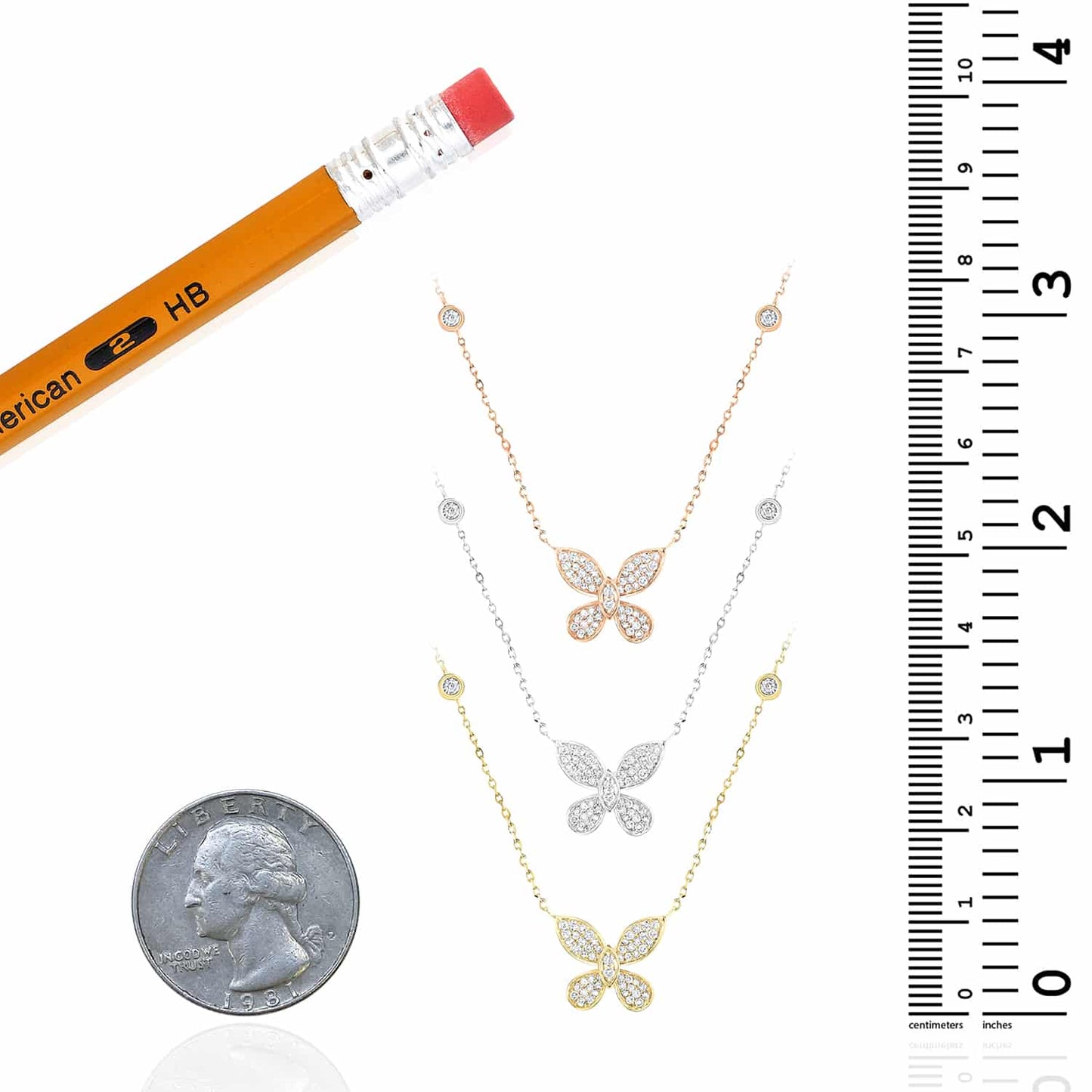 Real Diamond 10K Gold Yellow White Rose Butterfly Pendant Necklace 18"