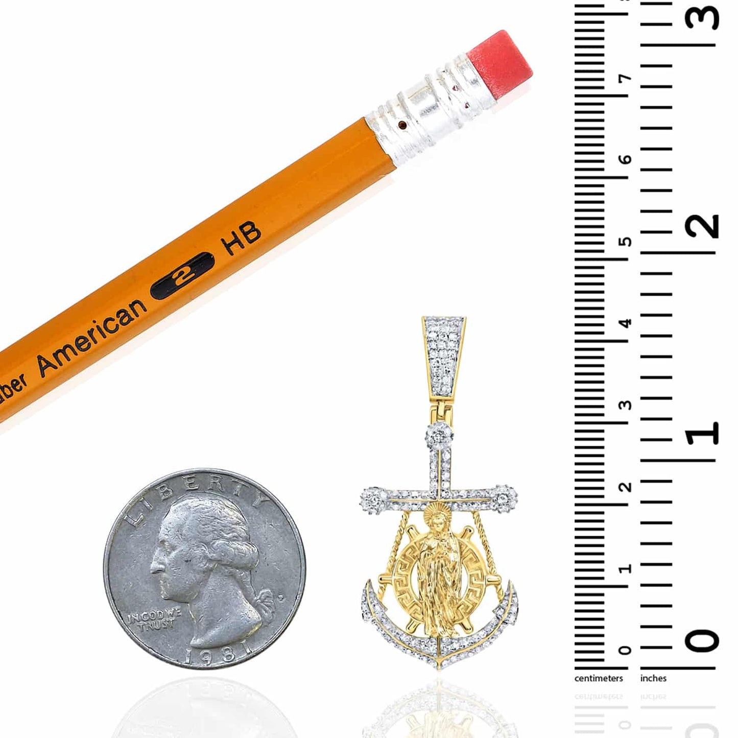0.62CTW Real Diamond 10K Yellow Gold Anchor Mother Mary Pendant 1.7"