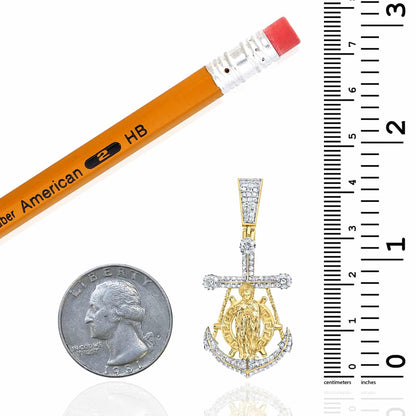 0.62CTW Real Diamond 10K Yellow Gold Anchor Mother Mary Pendant 1.7"