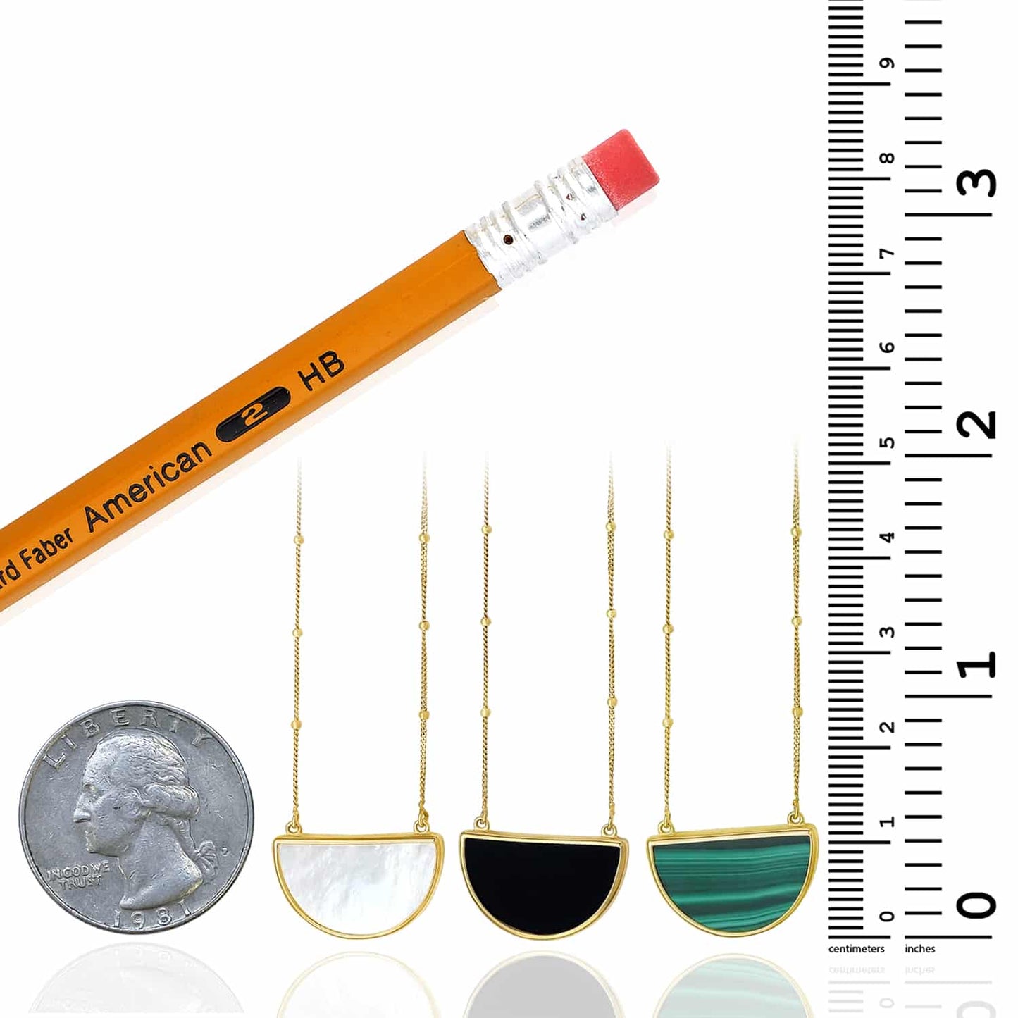 14K Real Gold Half-Moon Gemstone Pendant Necklace 16"-18" Adjustable