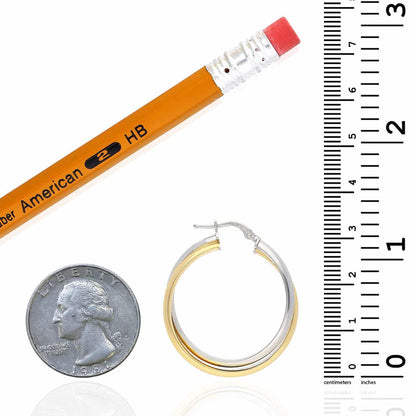 14K Yellow White Gold Two Tone Over Sterling Silver Double Hoop Earrings 29mm