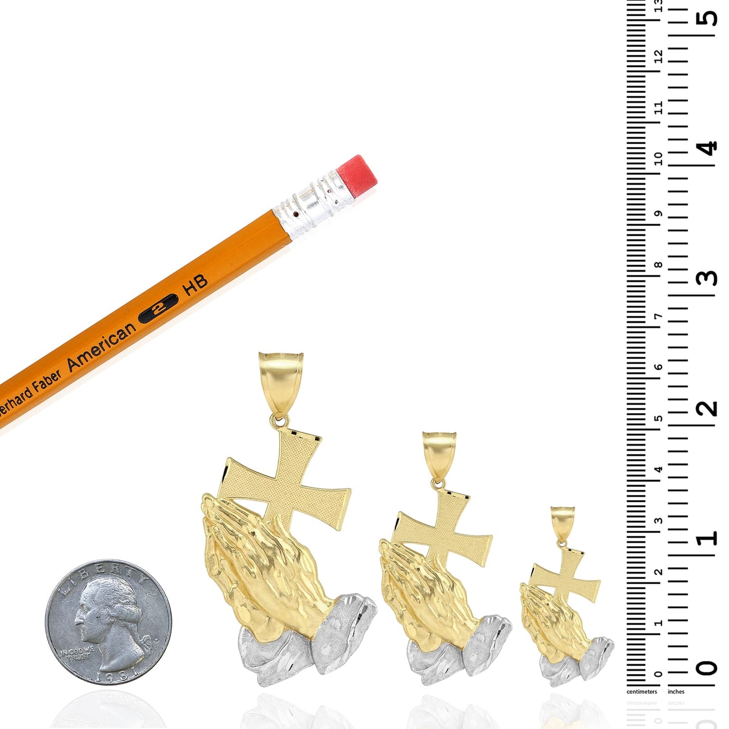 10K Real Gold Diamond-Cut Cross Praying Hands Religious Charm Pendant