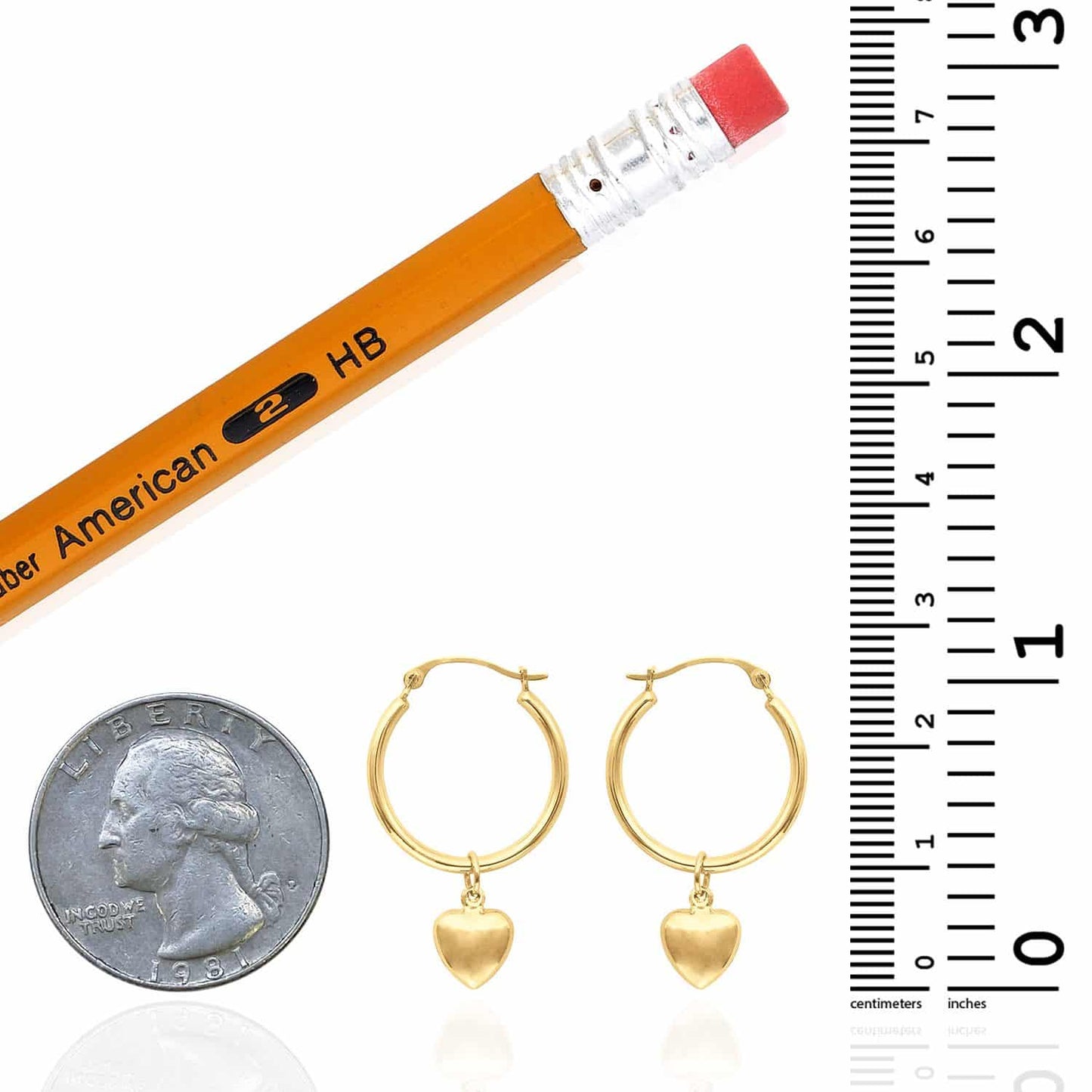 14K Yellow Gold Shiny Hoop With Small  Puff Heart Earrings