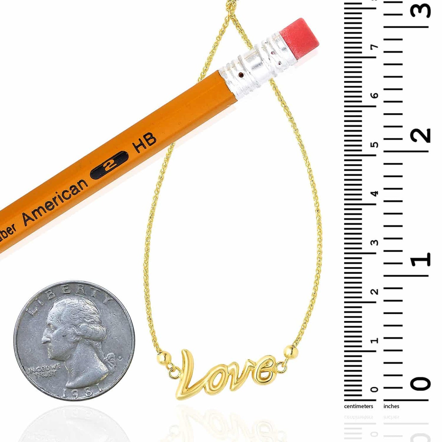14K Gold Yellow Wheat  Shiny "Love" Center Adjustable Bolo Bracelet 7"-9.25"