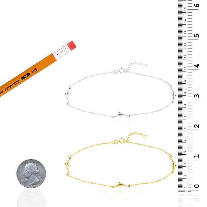 14K Yellow White Gold Singapore Dolphin Trio Anklet (Solid Links) 9" - 10" Adjustable - WJD Exclusives