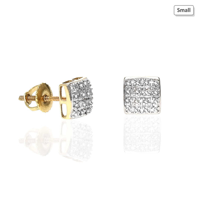 10K Gold Micro Pave Natural Diamond Square Stud Earrings 0.10Ct -0.40Ct