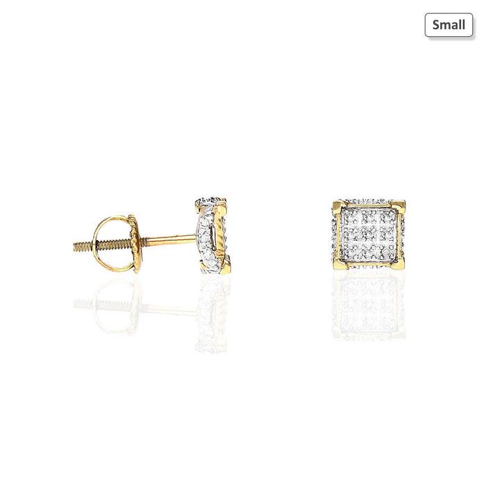 10K Yellow Gold Natural Diamond 3D Square Screw Back Stud Earrings 0.10CT-15CT