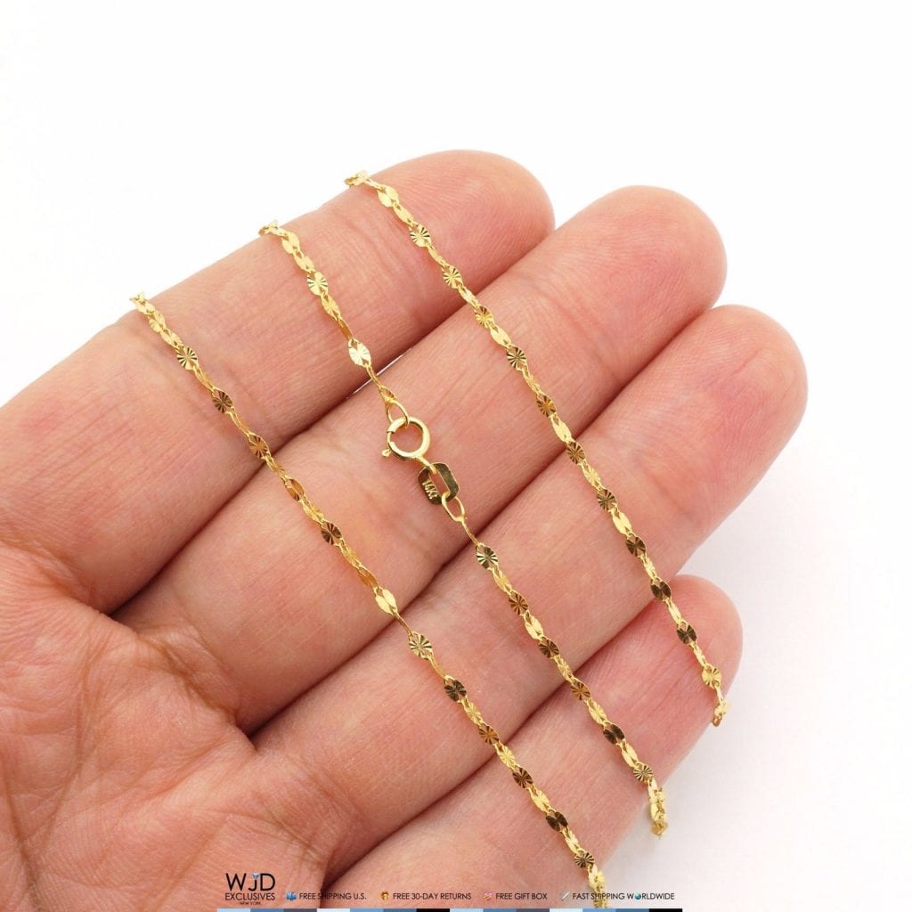 14K Real Gold Yellow Diamond-Cut 2mm Fancy Leaf Italian Chain Necklace 16-22"