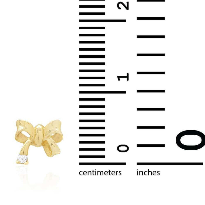 14k Yellow & White Gold Round White Zircon Bow Tie Screw Back Stud Kid Earrings