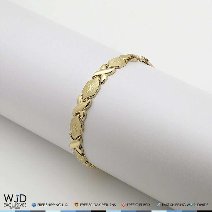 14K Yellow Gold 7mm Diamond-Cut Hugs & Kisses Love XO Bracelet (Hollow) 7", 8"
