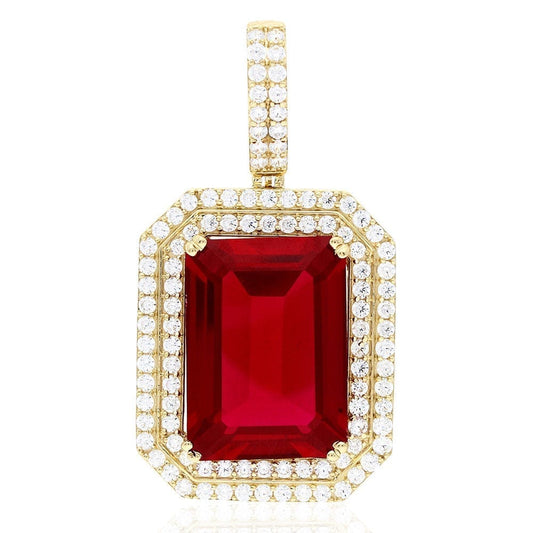 24Ct Emerald Cut Simulated Ruby Solitaire Halo 10k Yellow Gold Pendant 2"