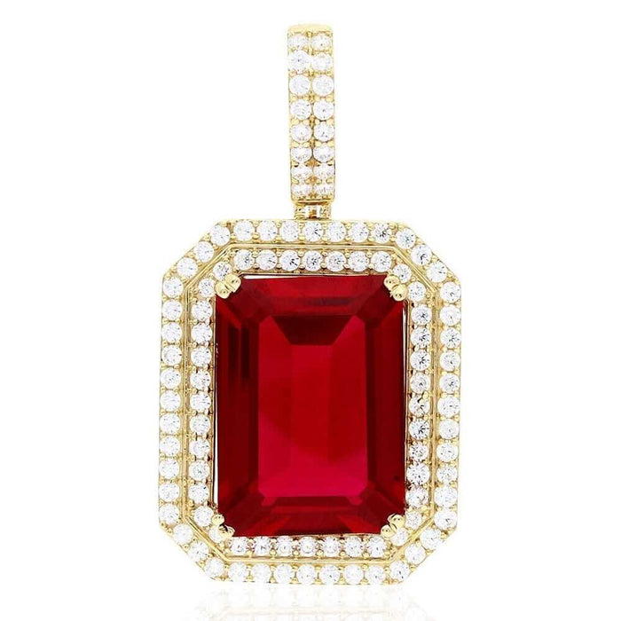 24Ct Emerald-Cut Simulated Ruby Solitaire Halo 10k Yellow Gold Pendant 2"