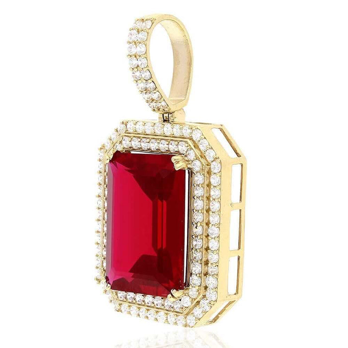 24Ct Emerald-Cut Simulated Ruby Solitaire Halo 10k Yellow Gold Pendant 2"