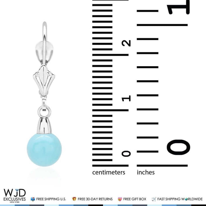 14K White Gold Ball Shaped Turquoise Leverback Dangle Earrings 6mm-10mm