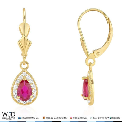 14K Yellow Gold Birthstone Halo Teardrop Leverback Earrings