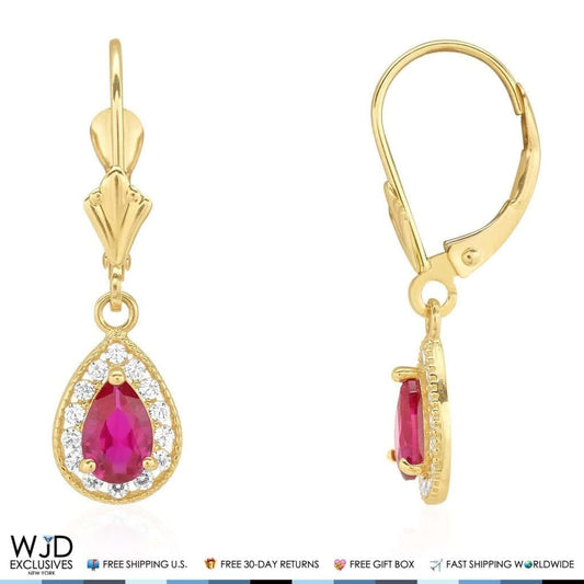 14K Yellow Gold Simulated Birthstone Halo Teardrop  Leverback Earrings