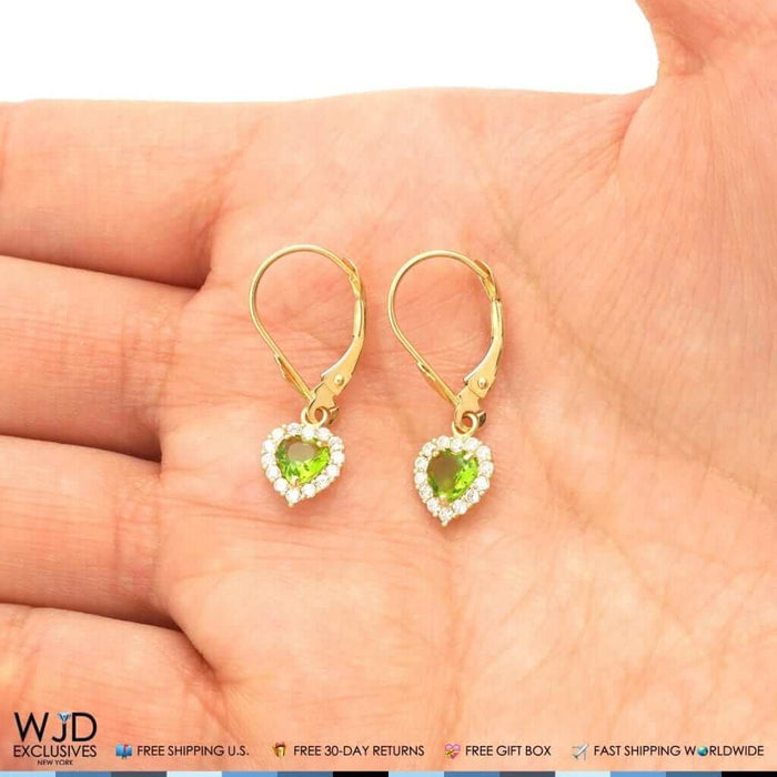1Ct CZ Peridot Heart Dangle Leverback 14K Yellow Gold Earrings