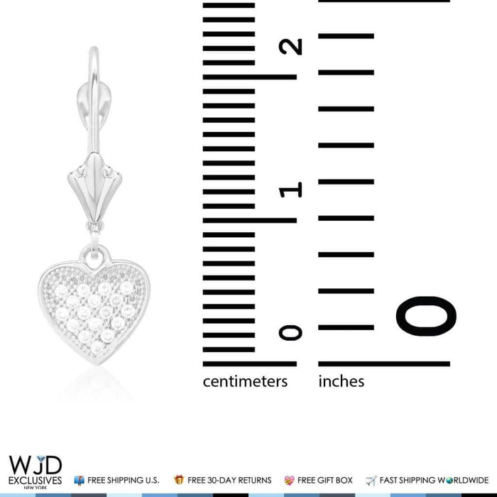 14K White Gold CZ Pave Heart Dangle Leverback Earrings 1"