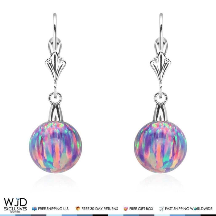 9mm Ball Shaped Purple Fire Opal Leverback Dangle Earrings 14K White Gold