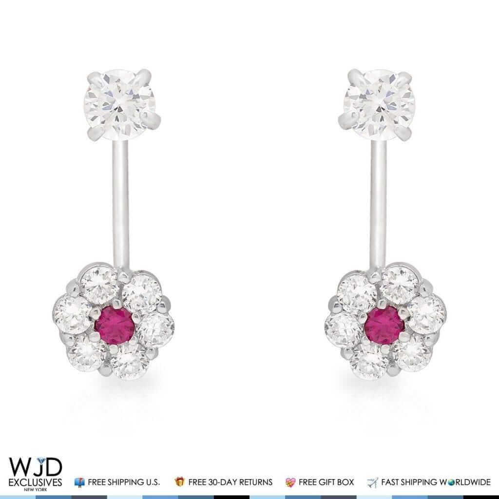 1CTW CZ 14K White Gold Ruby Flower Shape Dangle Earrings