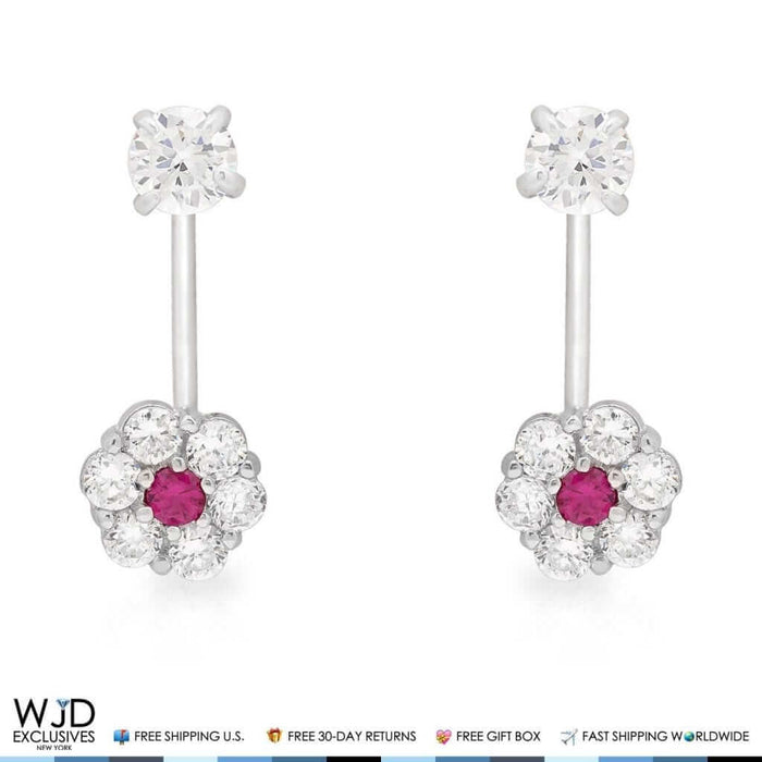 1CTW CZ 14K White Gold Ruby Flower Shape Dangle Earrings