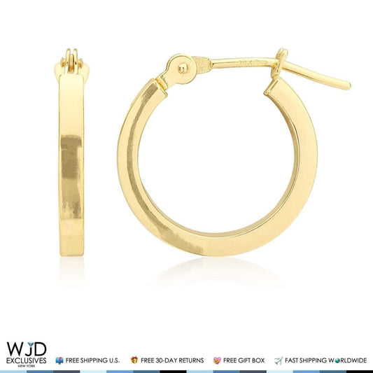14mm Diameter Plain Square Hoop Snap Closure Earrings 14K Solid Yellow Gold