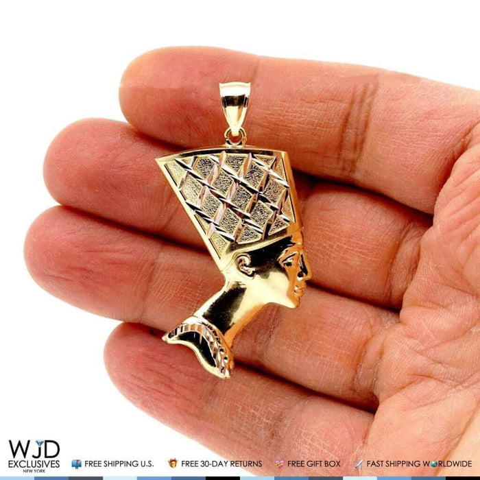 10K Yellow Gold Two Tone Egyptian Queen Nefertiti Pendant 2", 2.5"