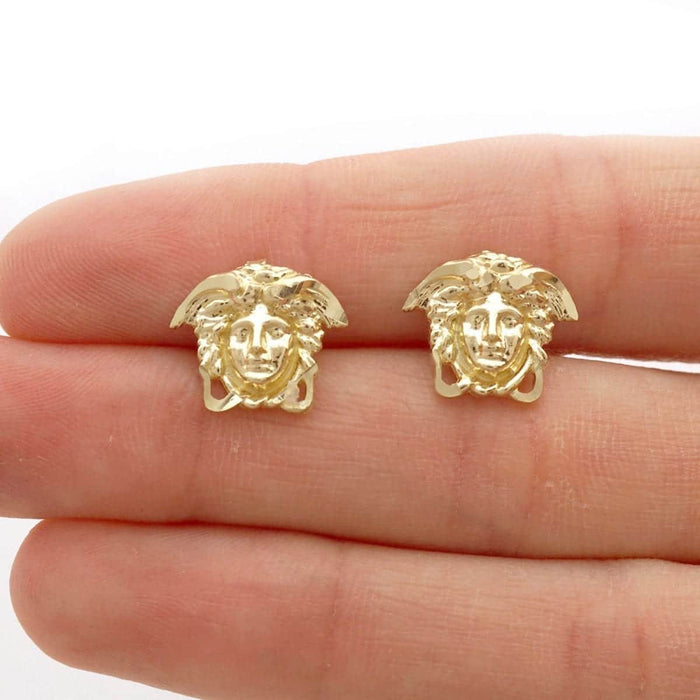 10k Yellow Gold Diamond-Cut Medusa Head Face Stud Push Back Earrings