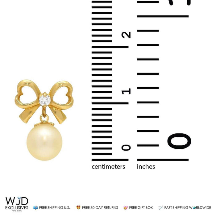 14K Yellow Gold 0.10Ct CZ Bow Tie Pearl Dangle Earrings 0.6"