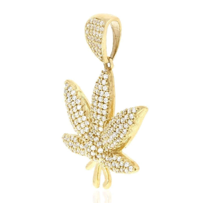 2Ct Pave CZ Cannabis Leaf 10k Yellow Gold Pendant 1.5"