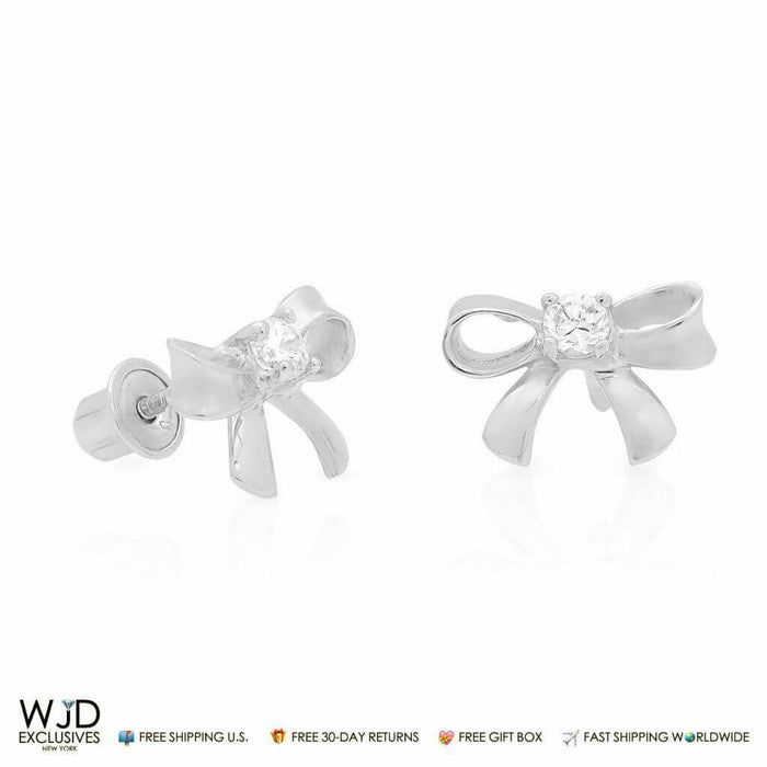 14K Yellow White Gold CZ Bow Screw Back Stud Earrings