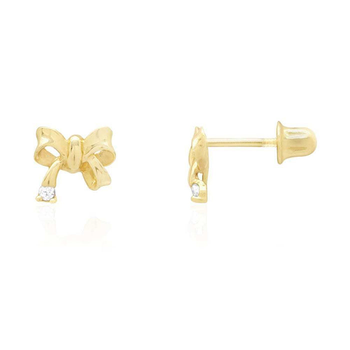 14k Yellow & White Gold Round White Zircon Bow Tie Screw Back Stud Kid Earrings