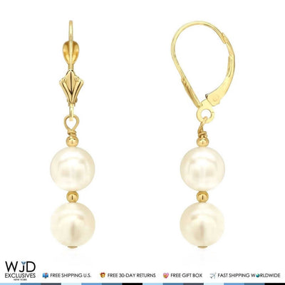 14K Yellow Gold Double Ball Pearl Dangle Drop Leverback Earrings 1.4"