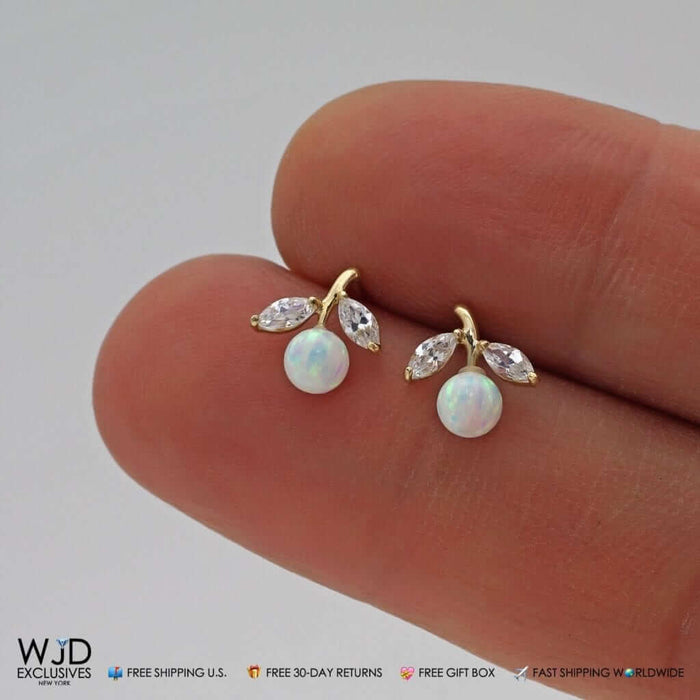 14K Yellow Gold CZ White Fire Opal Cherry Stud Earrings 0.4"