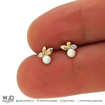 0.05Ct CZ White Fire Opal Leaf Ball Stud Earrings 14K Yellow Gold