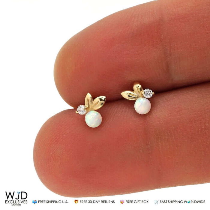 0.05Ct CZ White Fire Opal Leaf Ball Stud Earrings 14K Yellow Gold