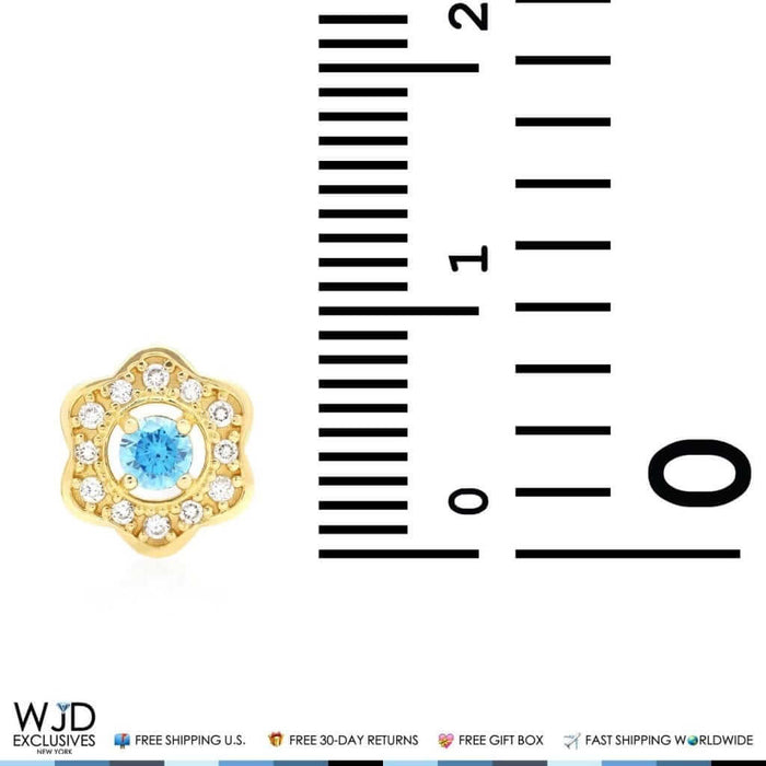 14k Yellow Gold CZ & Aquamarine Flower Cluster Stud Earrings