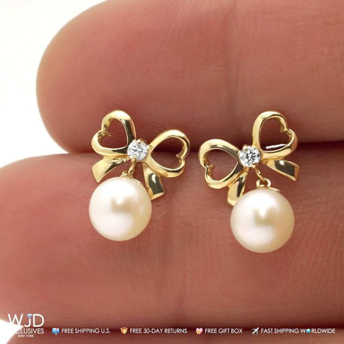 14K Yellow Gold 0.10Ct CZ Bow Tie Pearl Dangle Earrings 0.6"